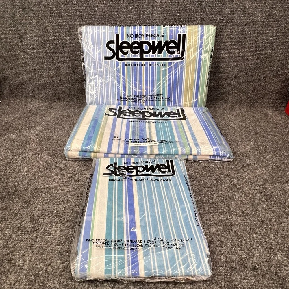 Full Size New Vintage Sheet Set Blue & White Stripes Sleepwell Fitted Flat Cases